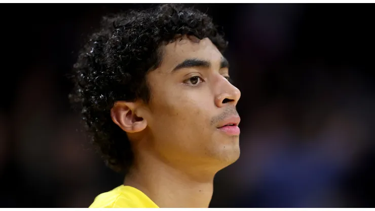 Max Christie #10 of the Los Angeles Lakers looks on prior to a game against the Golden State Warriors at Crypto.com Arena on March 16, 2024 in Los Angeles, California.
