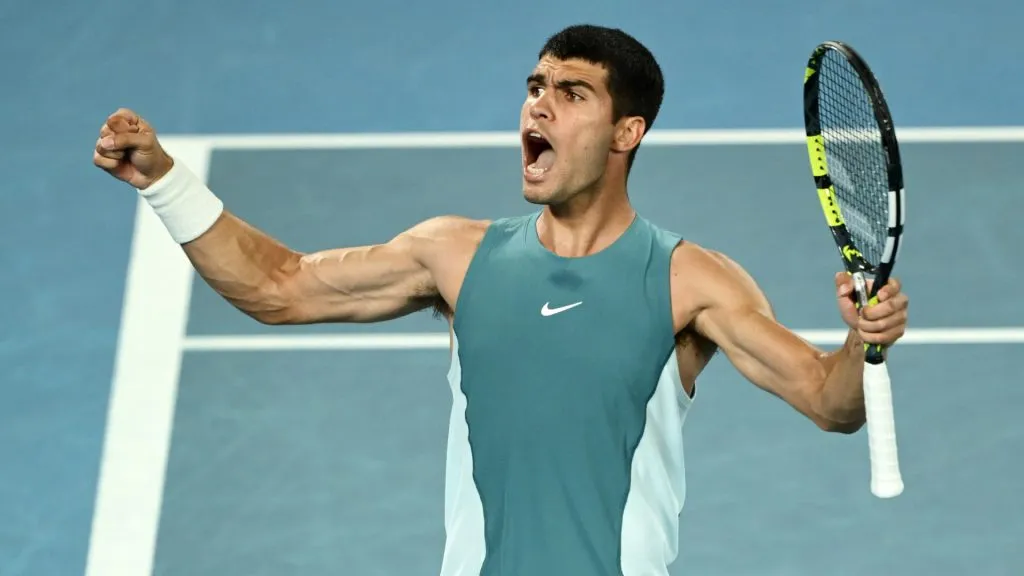 Carlos Alcaraz celebrates a point against Novak Djokovic during the 2025 Australian Open. (Hannah Peters/Getty Images)