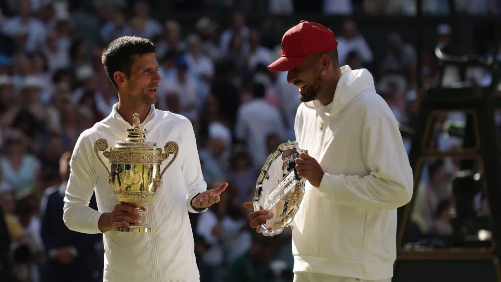 Novak Djokovic and aNick Kyrgios after the 2022 Wimbledon final (Julian Finney/Getty Images)
