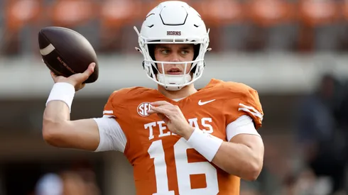 Arch Manning #16 of the Texas Longhorns warms up before the game against the UTSA Roadrunners at Darrell K Royal-Texas Memorial Stadium on September 14, 2024 in Austin, Texas.