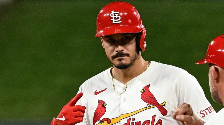 Nolan Arenado #28 of the St. Louis Cardinals celebrates after hitting an RBI single against the Pittsburgh Pirates in the fourth inning at Busch Stadium on September 16, 2024 in St Louis, Missouri.