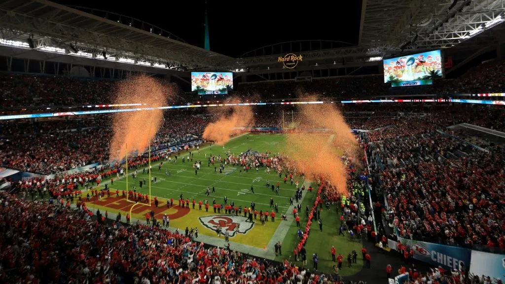 Kansas City Chiefs players celebrate after defeating San Francisco 49ers by 31 – 20 in Super Bowl LIV at Hard Rock Stadium on February 02, 2020 in Miami. (Source: Mike Ehrmann/Getty Images)