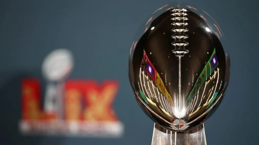 The Vince Lombardi Trophy is seen before NFL Commissioner Roger Goodell’s Super Bowl Press Conference ahead of Super Bowl LIX in 2025. (Source: Chris Graythen/Getty Images)