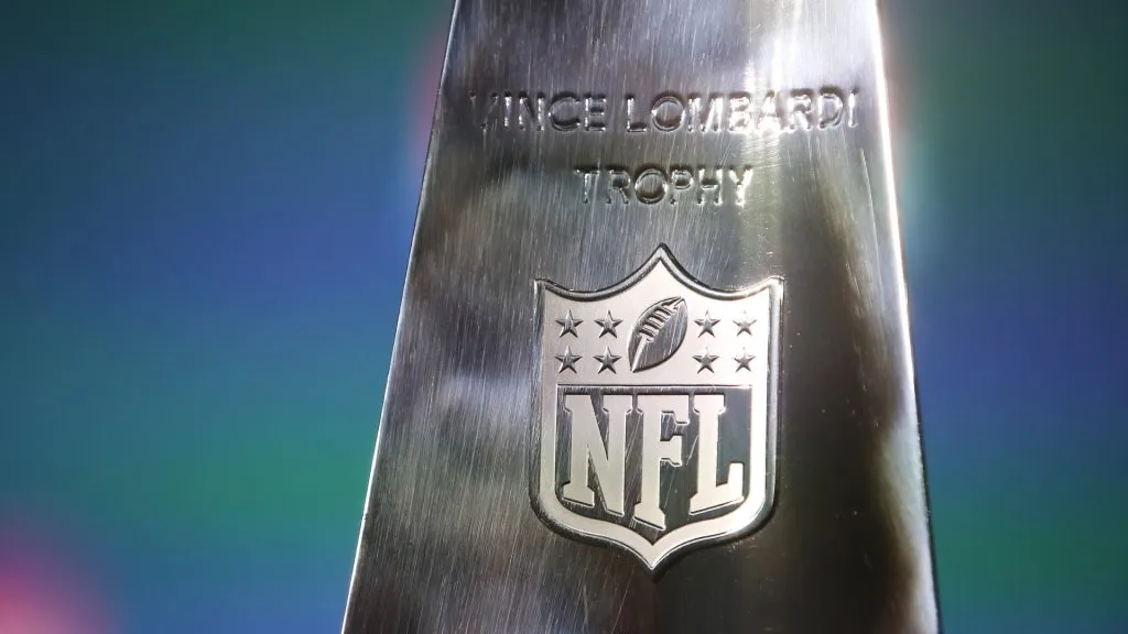 The Lombardi Trophy is seen during the Super Bowl LVI head coach and MVP press conference at Los Angeles Convention Center on February 14, 2022. (Source: Katelyn Mulcahy/Getty Images)