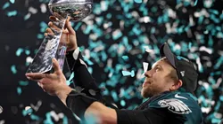Quarterback Nick Foles #9 of the Philadelphia Eagles raises the Vince Lombardi Trophy after defeating the New England Patriots, 41-33, in Super Bowl LII.