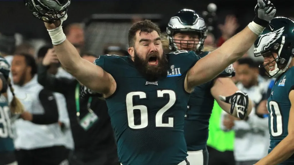 Jason Kelce #62 of the Philadelphia Eagles celebrates after defeating the New England Patriots 41-33 in Super Bowl LII at U.S. Bank Stadium on February 4, 2018. (Source: Mike Ehrmann/Getty Images)