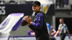 J.J. McCarthy #9 of the Minnesota Vikings warms up before the preseason game against the Las Vegas Raiders at U.S. Bank Stadium on August 10, 2024 in Minneapolis, Minnesota.
