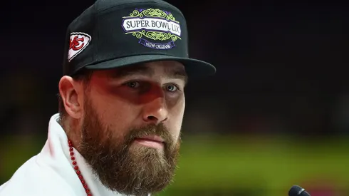 Travis Kelce #87 of the Kansas City Chiefs addresses the media during Super Bowl LIX Opening Night at Caesars Superdome on February 03, 2025 in New Orleans, Louisiana.