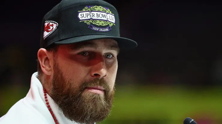 Travis Kelce #87 of the Kansas City Chiefs addresses the media during Super Bowl LIX Opening Night at Caesars Superdome on February 03, 2025 in New Orleans, Louisiana.