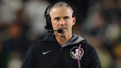 Head coach Mike Norvell of the Florida State Seminoles looks on against the Notre Dame Fighting Irish during the first half at Notre Dame Stadium on November 09, 2024 in South Bend, Indiana.