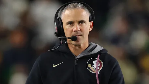 Head coach Mike Norvell of the Florida State Seminoles looks on against the Notre Dame Fighting Irish during the first half at Notre Dame Stadium on November 09, 2024 in South Bend, Indiana.