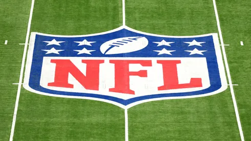 A general view of the NFL logo on a football field.