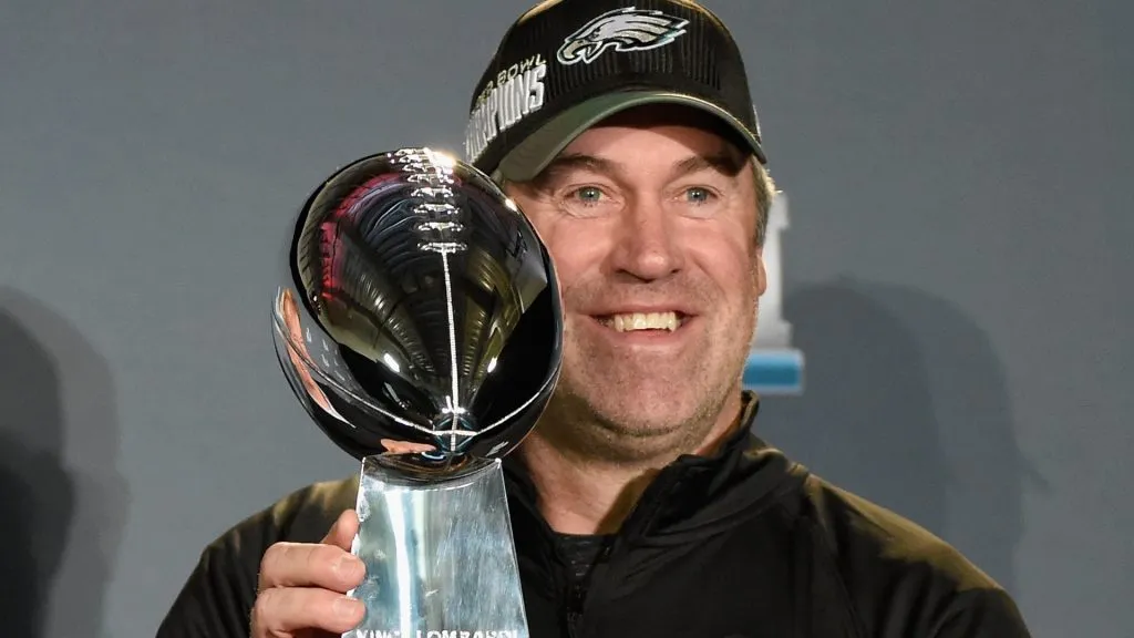 Head coach Doug Pederson of the Philadelphia Eagles poses for a photo with the Vince Lombardi Trophy during Super Bowl LII media availability on February 5, 2018. (Source: Hannah Foslien/Getty Images)