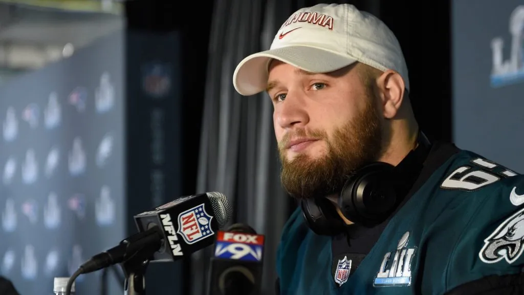 Lane Johnson #65 of the Philadelphia Eagles speaks to the media during Super Bowl LII media availability on January 31, 2018. (Source: Hannah Foslien/Getty Images)