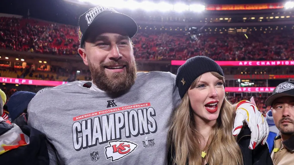 Travis Kelce and Taylor Swift celebrate after defeating the Buffalo Bills 32-29 in the AFC Championship Game. 