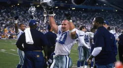 Safety Bill Bates #40 of the Dallas Cowboys celebrates on the sidelines during Super Bowl XXX against the Pittsburgh Steelers at Sun Devil Stadium on January 28, 1996.