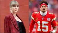 Taylor Swift looks on prior to a game between the Kansas City Chiefs and the Denver Broncos in 2024 — Patrick Mahomes of the Chiefs runs down the sideline prior to the beginning of the Divisional Round playoff game in 2025.