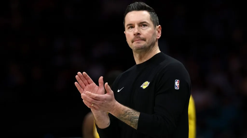 Head coach JJ Redick of the Los Angeles Lakers reacts during the first half of the game against the Charlotte Hornets at Spectrum Center.