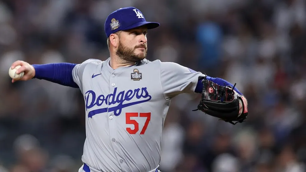 Ryan Brasier #57 of the Los Angeles Dodgers pitches during the third inning of Game Five of the 2024 World Series against the New York Yankees at Yankee Stadium on October 30, 2024 in the Bronx borough of New York City. (Photo by Sarah Stier/Getty Images)