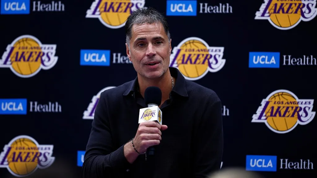 General Manager Rob Pelinka of the Los Angeles Lakers speaks with the media during a press conference.