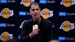 General Manager Rob Pelinka of the Los Angeles Lakers speaks with the media during a press conference.