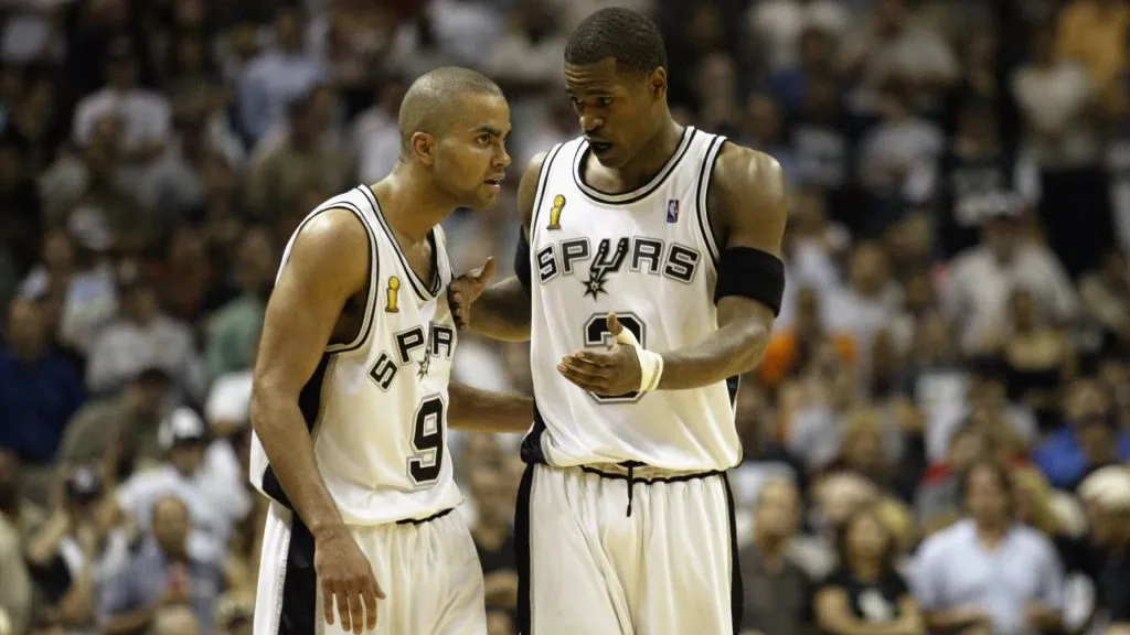Tony Parker #9 and Stephen Jackson #3 of the San Antonio Spurs in Game two of the 2003 NBA Finals against the New Jersey Nets.