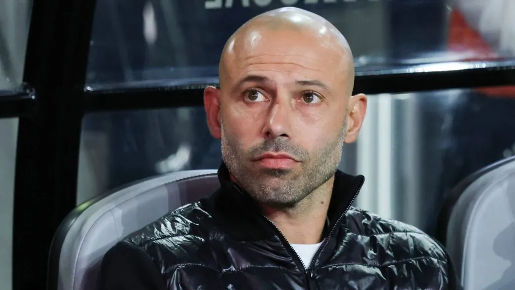 Head coach Javier Mascherano of Inter Miami CF looks on from the bench before a preseason friendly match against America at Allegiant Stadium.