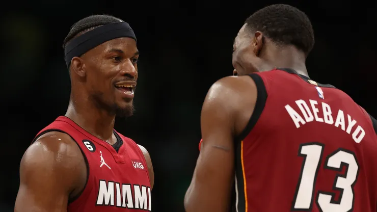 Jimmy Butler and Bam Adebayo of the Miami Heat during a game against the Boston Celtics on May 19, 2023 in Boston, Massachusetts.