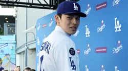 Pitcher Roki Sasaki #11 of the Los Angeles Dodgers poses during a Los Angeles Dodgers press conference at Dodger Stadium on January 22, 2025 in Los Angeles, California.