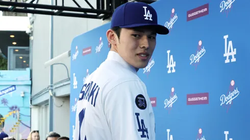 Pitcher Roki Sasaki #11 of the Los Angeles Dodgers poses during a Los Angeles Dodgers press conference at Dodger Stadium on January 22, 2025 in Los Angeles, California.