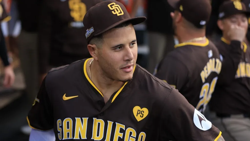 Manny Machado #13 of the San Diego Padres looks on before Game Five of the Division Series against the Los Angeles Dodgers at Dodger Stadium on October 11, 2024 in Los Angeles, California. (Photo by Sean M. Haffey/Getty Images)