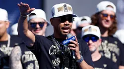 Mookie Betts #50 of the Los Angeles Dodgers speaks during the 2024 World Series Celebration Show at Dodger Stadium on November 01, 2024 in Los Angeles, California.