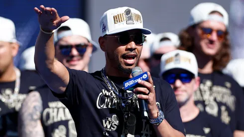 Mookie Betts #50 of the Los Angeles Dodgers speaks during the 2024 World Series Celebration Show at Dodger Stadium on November 01, 2024 in Los Angeles, California.