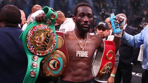 Terence Crawford has his arm raised by Referee Harvey Dock after his 9th round TKO of Errol Spence Jr. at their fight for the undisputed world welterweight championship at T-Mobile Arena.