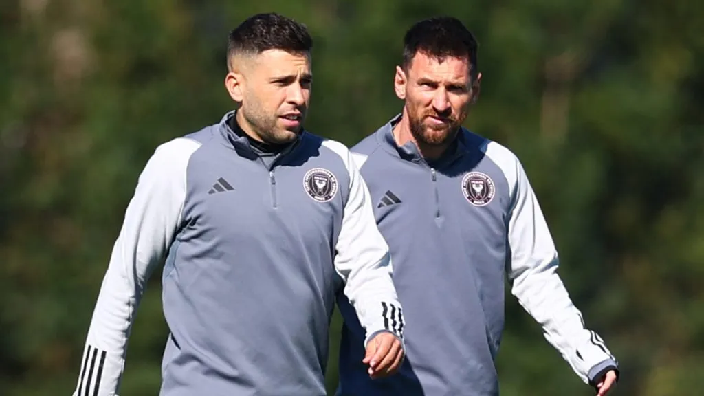 Jordi Alba and Lionel Messi during an Inter Miami training session (Megan Briggs/Getty Images)