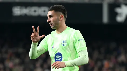 Ferran Torres of Barcelona celebrates scoring his hat-trick against Valencia