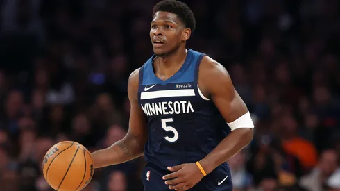 Anthony Edwards #5 of the Minnesota Timberwolves in action during the game against the New York Knicks at Madison Square Garden.