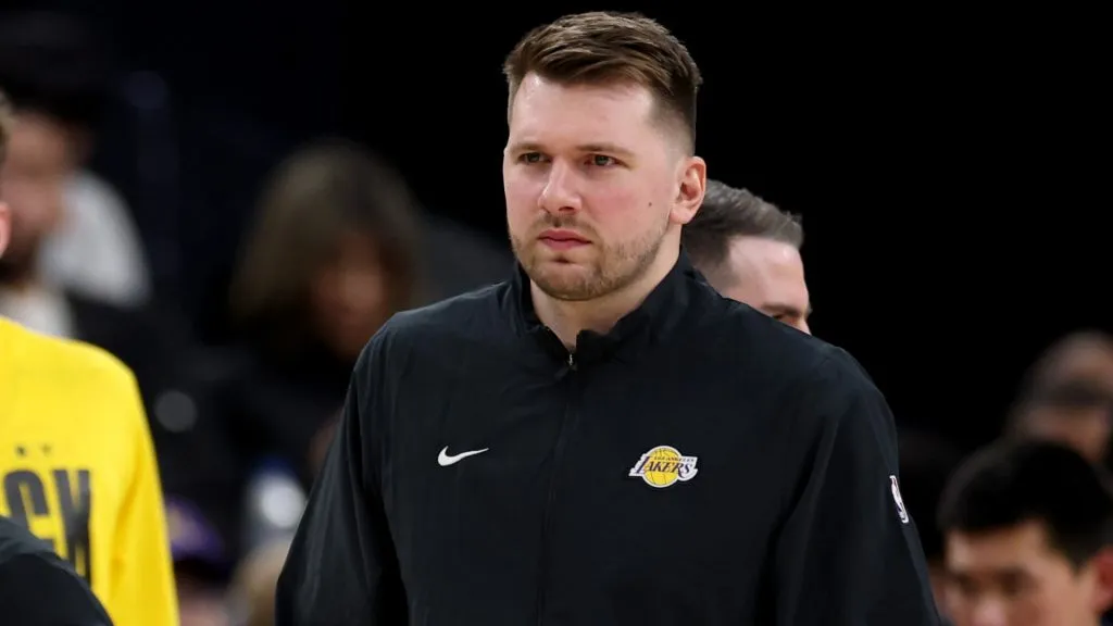 Luka Doncic #77 of the Los Angeles Lakers on the sidelines during a 122-97 Lakers win over the LA Clippers at Intuit Dome. (Harry How/Getty Images)