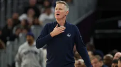Head coach Steve Kerr of the Golden State Warriors calls a time out during the second half against the Oklahoma City Thunder at Chase Center.