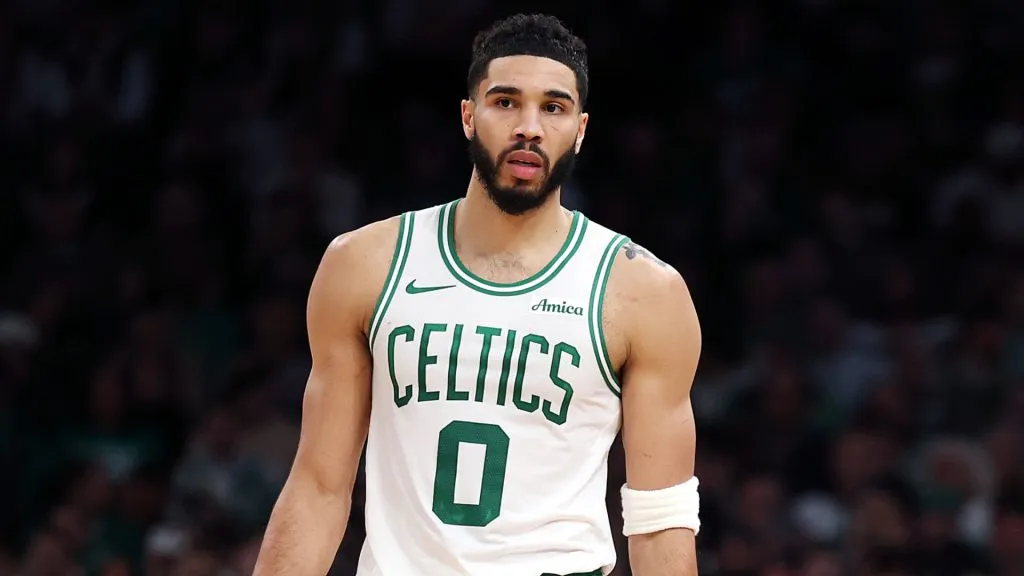 Jayson Tatum #0 of the Boston Celtics looks on during the second half against the Houston Rockets at TD Garden.