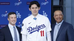 President Baseball Operations Andrew Friedman, Pitcher Roki Sasaki and Manager Dave Roberts speaks pose during a Los Angeles Dodgers press conference at Dodger Stadium on January 22, 2025 in Los Angeles, California.