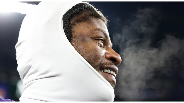 Lamar Jackson #8 of the Baltimore Ravens looks on after the game against the Pittsburgh Steelers of the AFC Wild Card Playoff at M&T Bank Stadium on January 11, 2025 in Baltimore, Maryland.