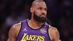 LeBron James #23 of the Los Angeles Lakers looks on against the New York Knicks.