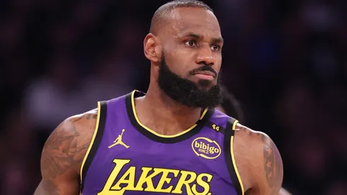 LeBron James #23 of the Los Angeles Lakers looks on against the New York Knicks.