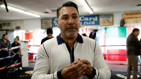Promoter Oscar De La Hoya speaks during a media workout of boxer Jaime Munguia at Wild Card Boxing Club on April 23, 2024 in Los Angeles, California.