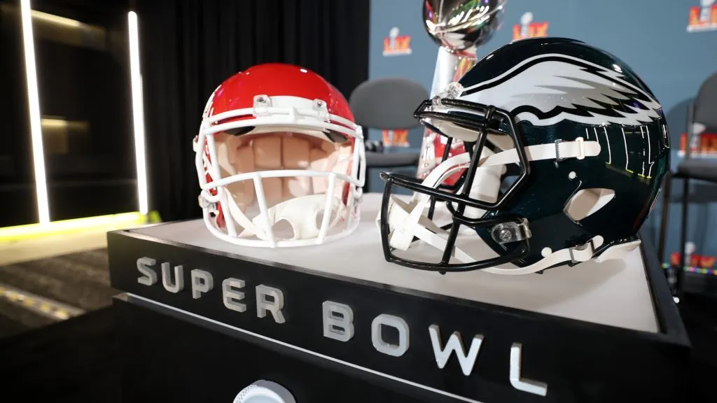 Kansas City Chiefs helmet and a Philadelphia Eagles helmet