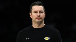 Head coach JJ Redick of the Los Angeles Lakers looks on during the first half of the game against the Charlotte Hornets at Spectrum Center.