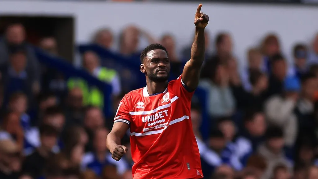 Emmanuel Latte Lath celebrates after scoring a goal for Middlesbrough against Ipswich Town on April 13, 2024.