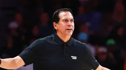 Miami Heat head coach Erik Spoelstra reacts against the Cleveland Cavaliers