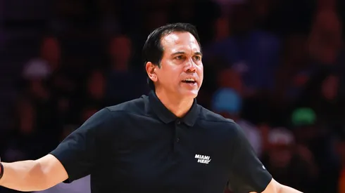 Miami Heat head coach Erik Spoelstra reacts against the Cleveland Cavaliers